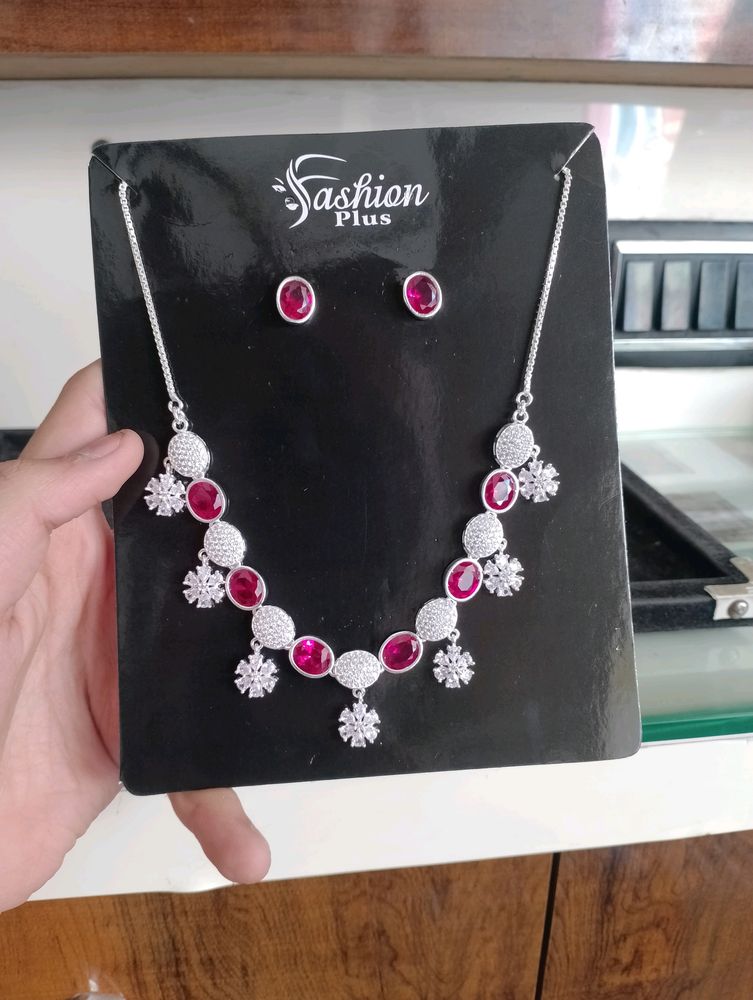Diamond Nacklace Earrings Combo Pure Silver