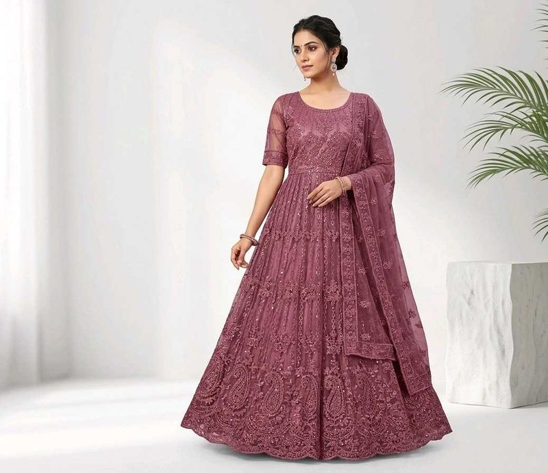 Elegant Mauve Party Wear Gown With Dupatta