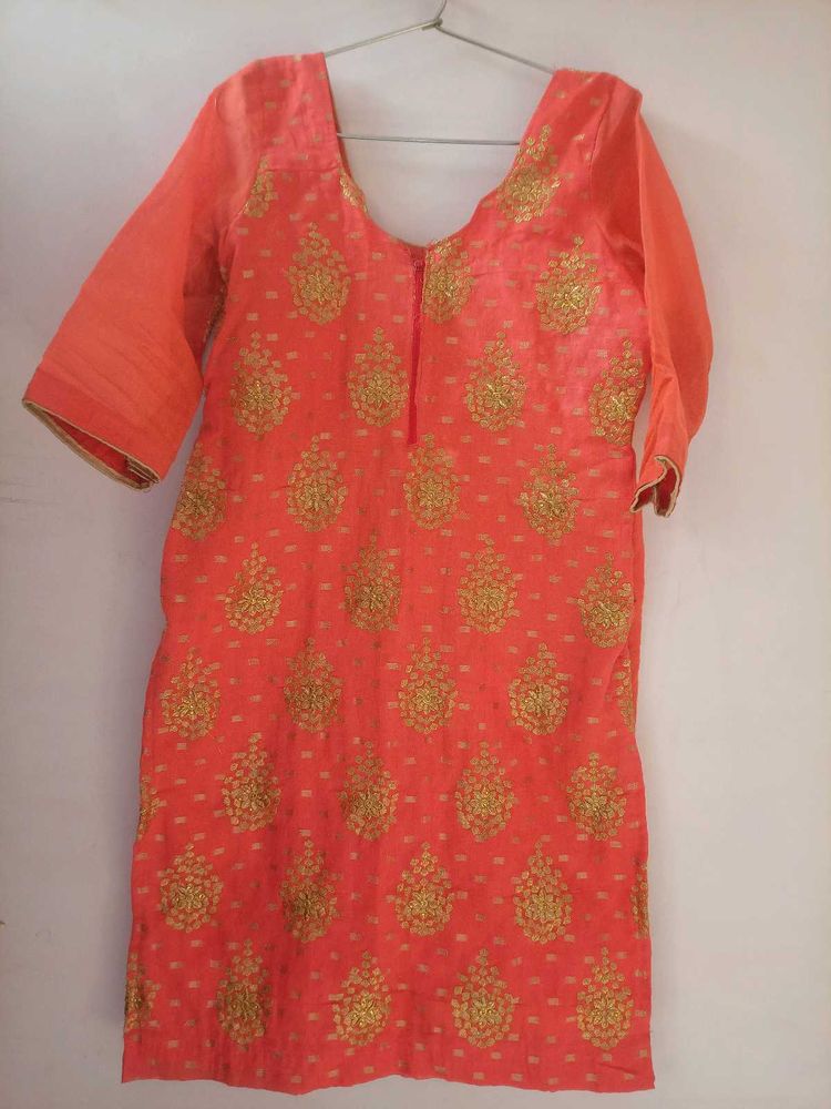 Coral &amp; Golden Embroiderd Suit Salwar Set