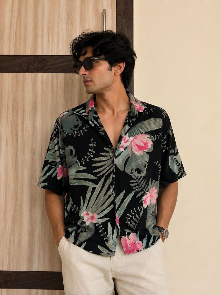 UNISEX Stylish Black Tropical Print Shirt
