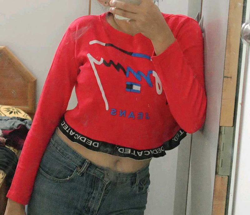 Red Cropped Long Sleeve Top