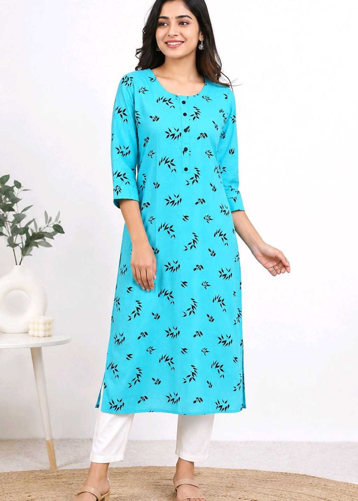 Stylish Blue Leaf Print Kurta/unsused