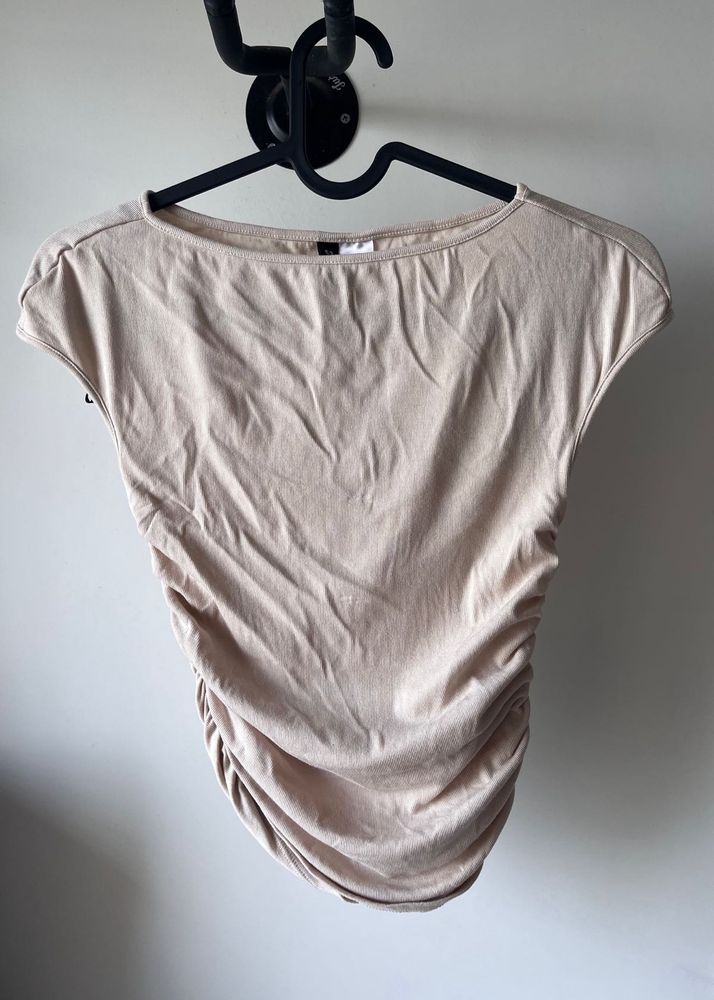 Beige gathered cap-sleeved top