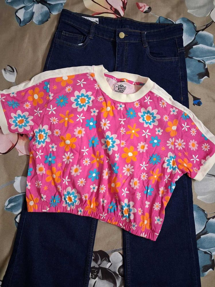 Cute Pink Floral Crop Top &amp; Jeans Set