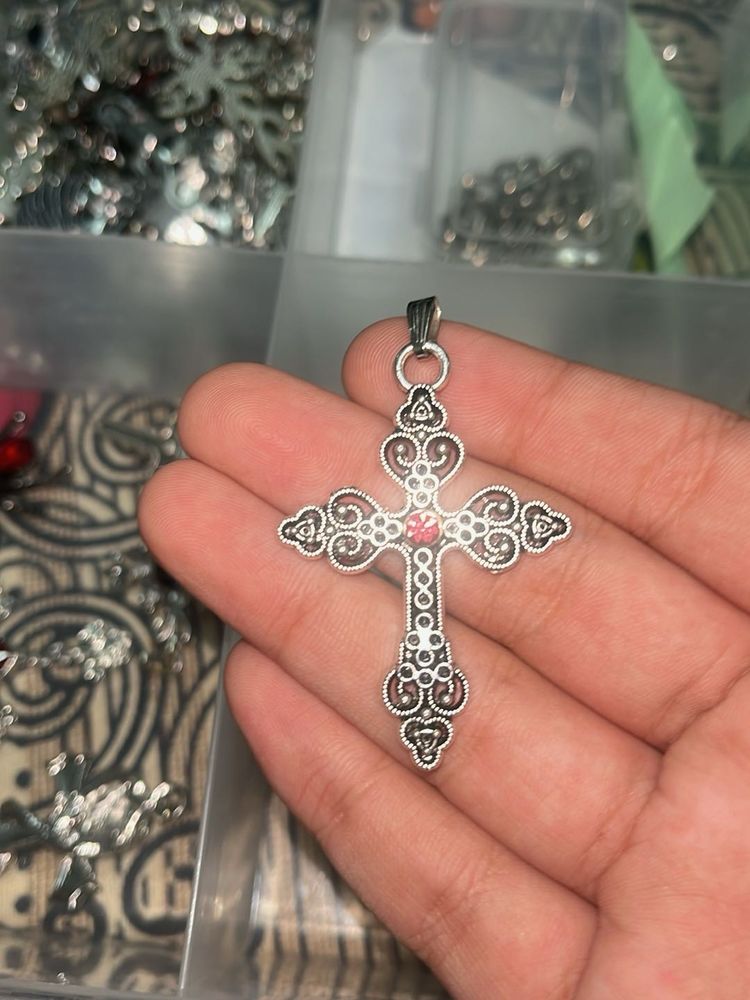 Cross Pendant Necklace pink diamond Charm