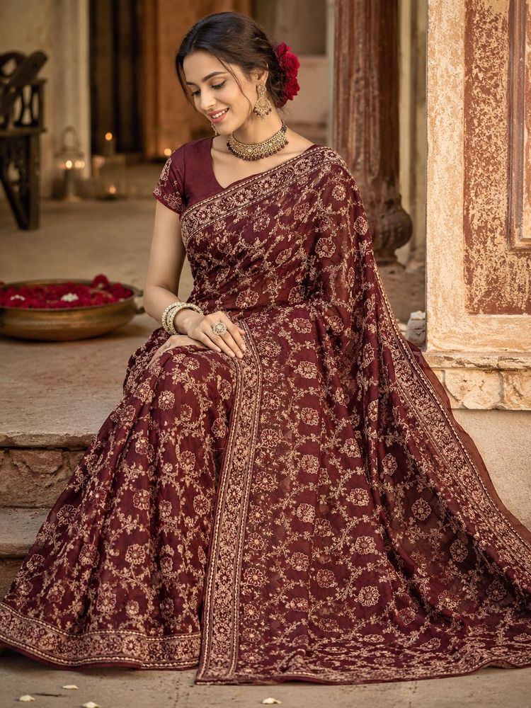 Elegant Maroon Silk Saree with Golden Floral Desig