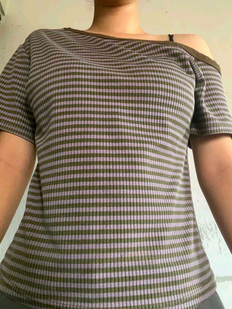 Striped Off-Shoulder Ribbed Top