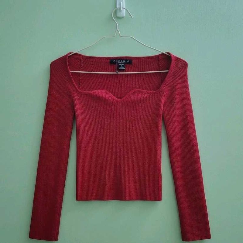 Ribbed Sweetheart Neckline Long Sleeve Top