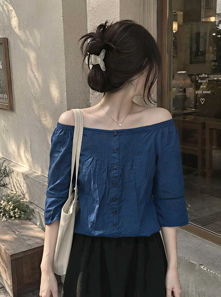 New with tag Off-Shoulder Blue Button-Up Top