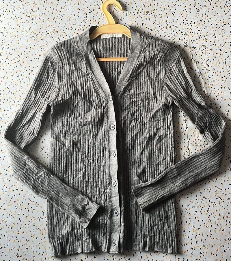 Gray Ribbed Knit Cardigan