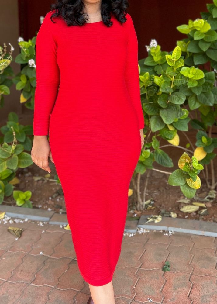 ribbed Red Bodycon Midi Dress