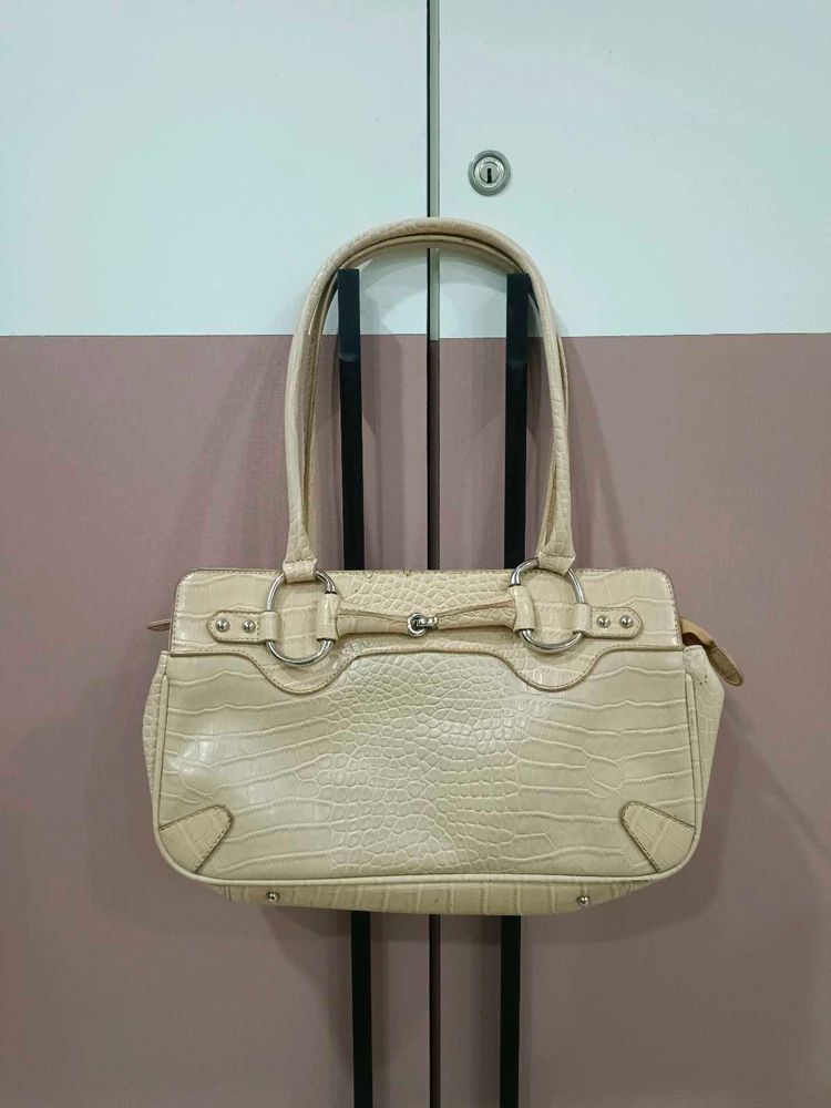 Chic Cream Croc Embossed Handbag