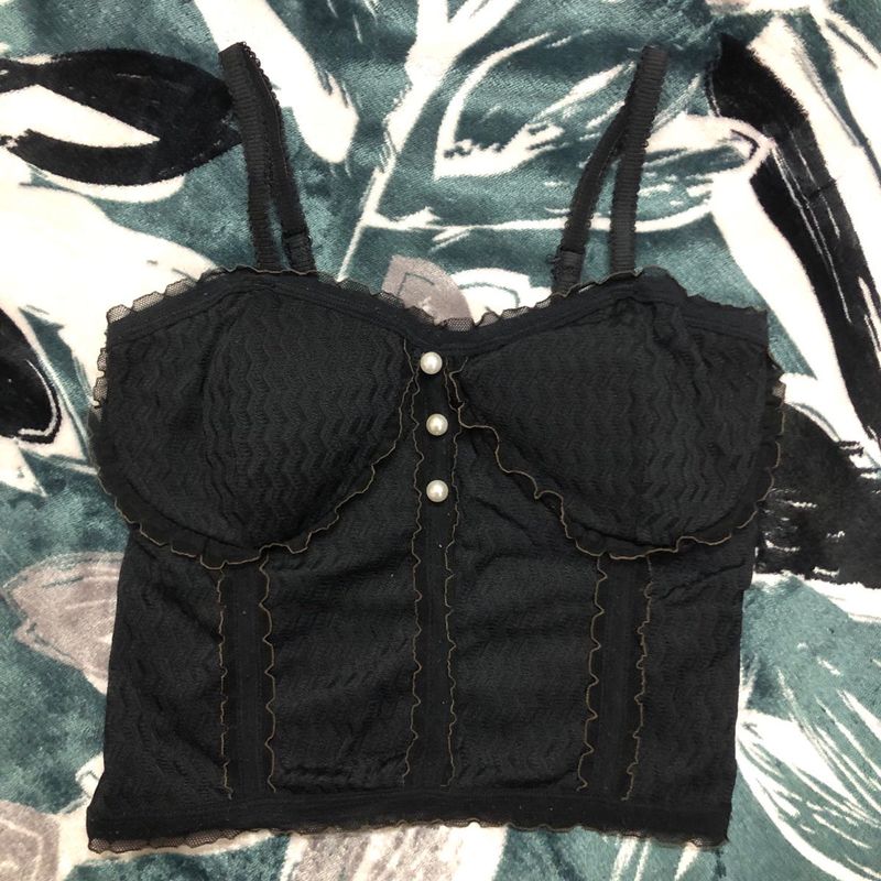 Black Lace Trim Pearl Accent Cami Top
