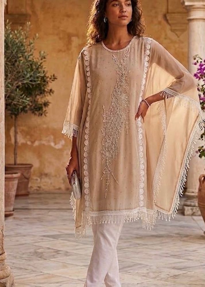 Embroidered Kaftan Kurta with Tassel Trim