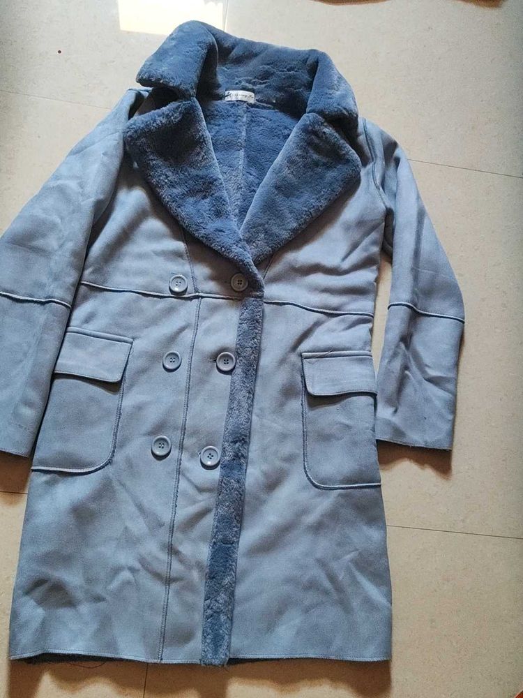 Stylish Blue Faux Suede Fur Coat