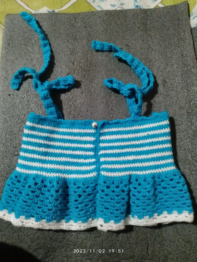Handmade Crochet Blue &amp; White Striped Top