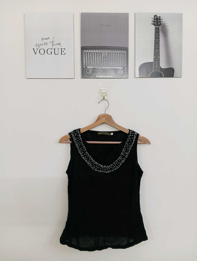 Elegant Beaded Black Sleeveless Top