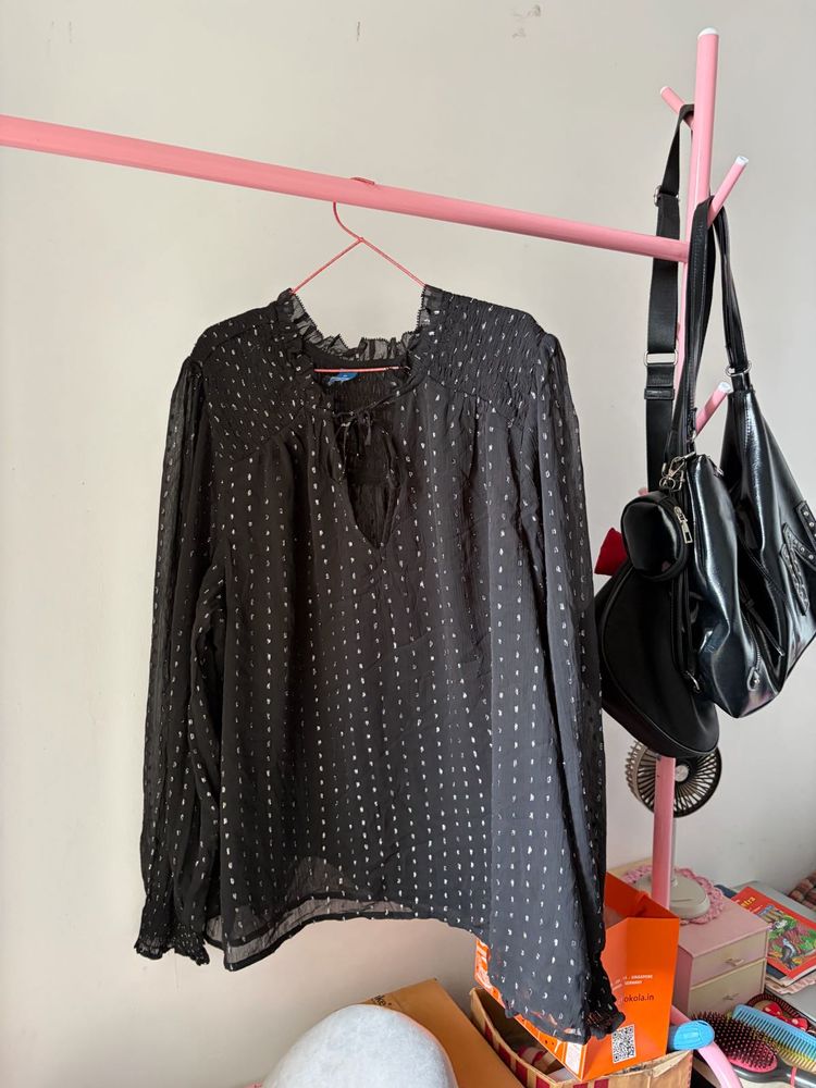 Sheer Black Blouse with Metallic Dots