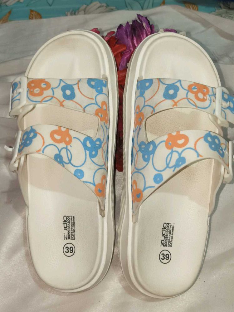 Cute Floral Print White Slides Sandals
