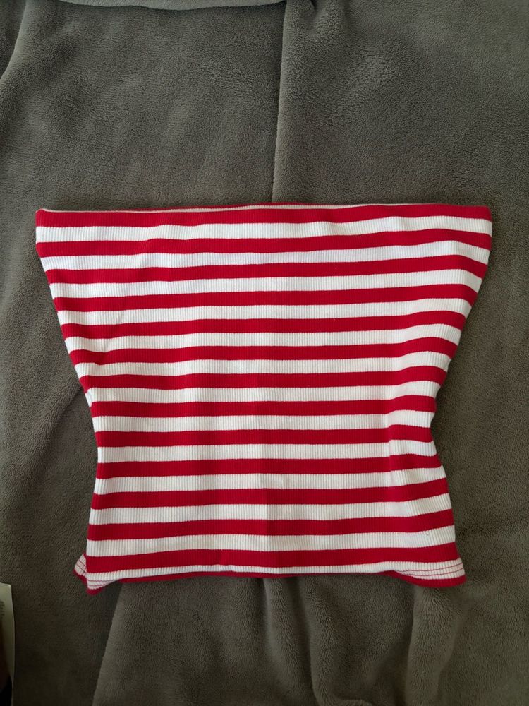 MANGO Red &amp; White Striped Tube Top