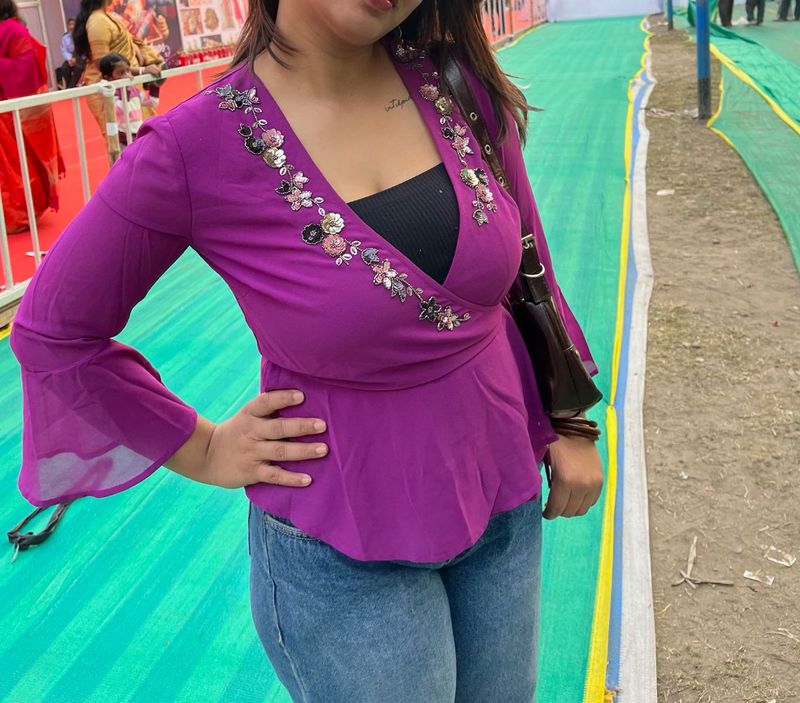Purple Floral Embellished Wrap Top