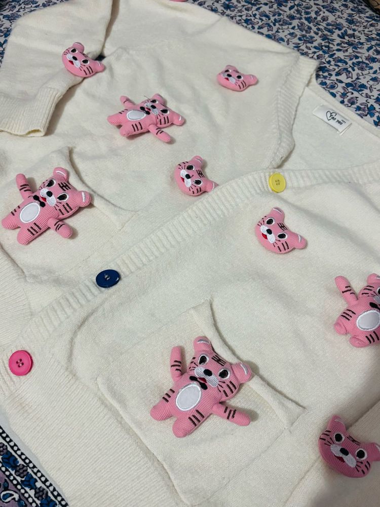 Cute Cream Cardigan with Pink Tiger Appliques