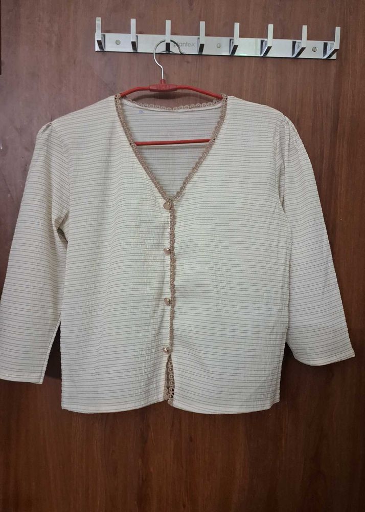 Cream Striped V-Neck Blouse