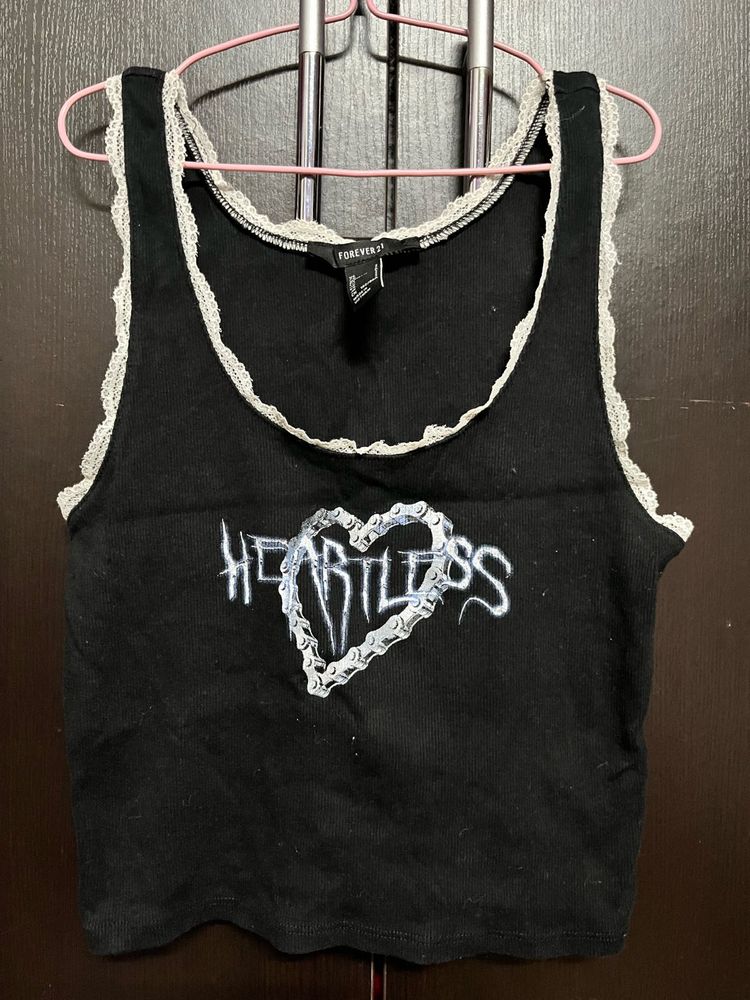 Black "Heartless" Crop Top with Lace Trim