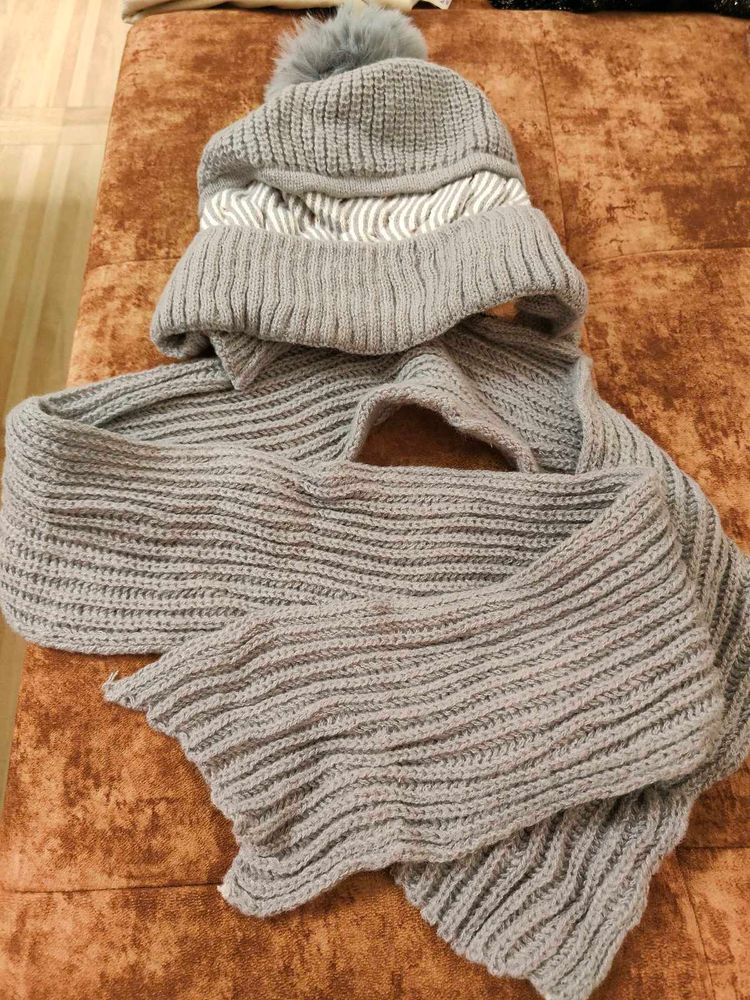 Gray Knit Hat and Scarf Set