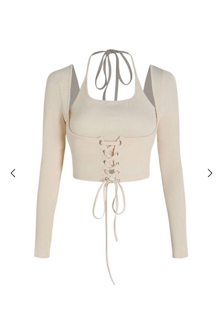 Cream Lace-Up Crop Top with Long Sleeves