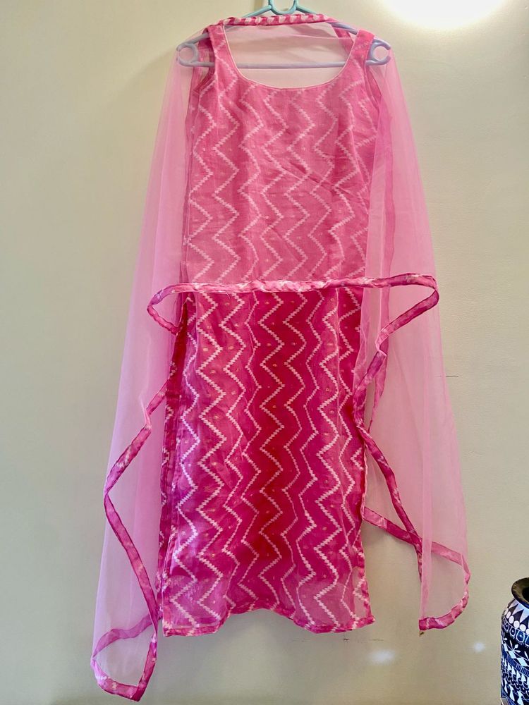 Pink Zig Zag Print Kurta Set with Dupatta