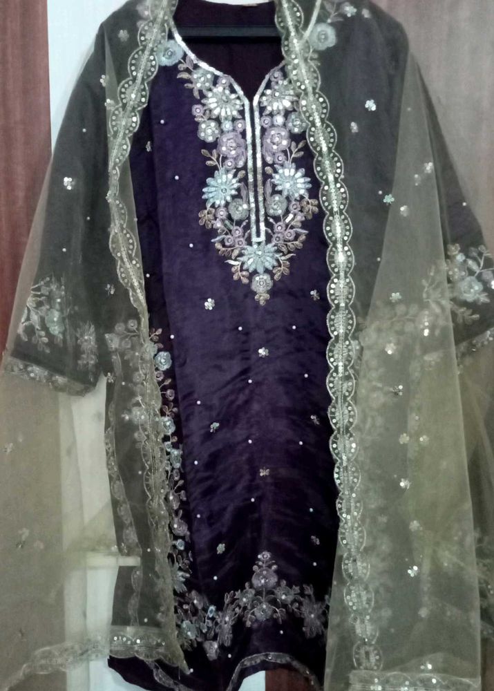 Embroidered purple Kurta with plazo and dupatta
