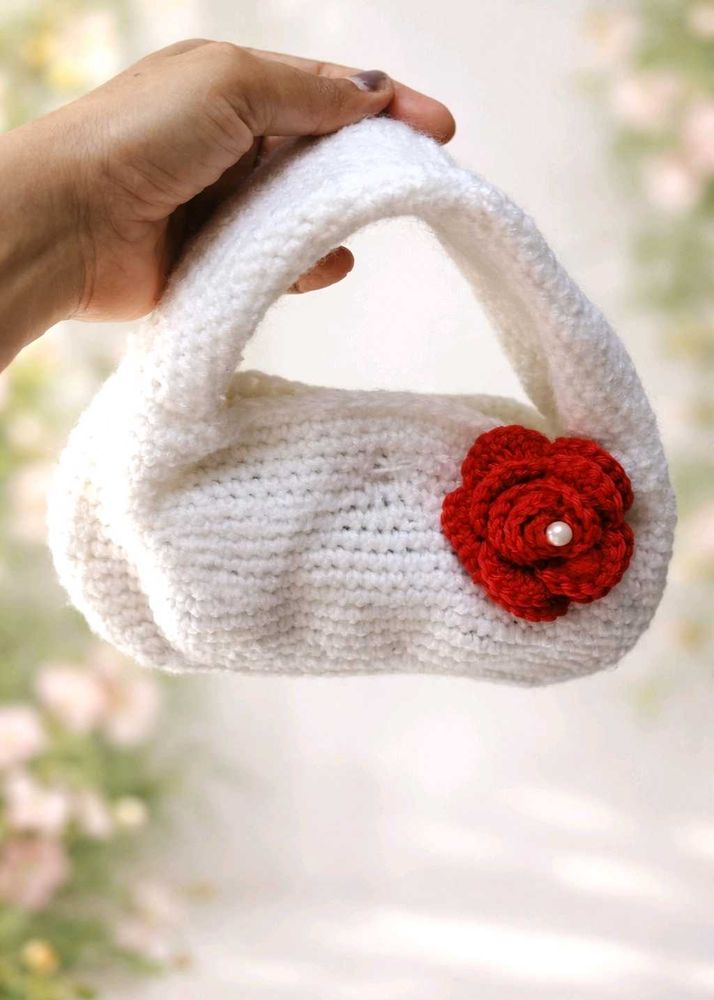 White Crochet Handbag with Red Flower