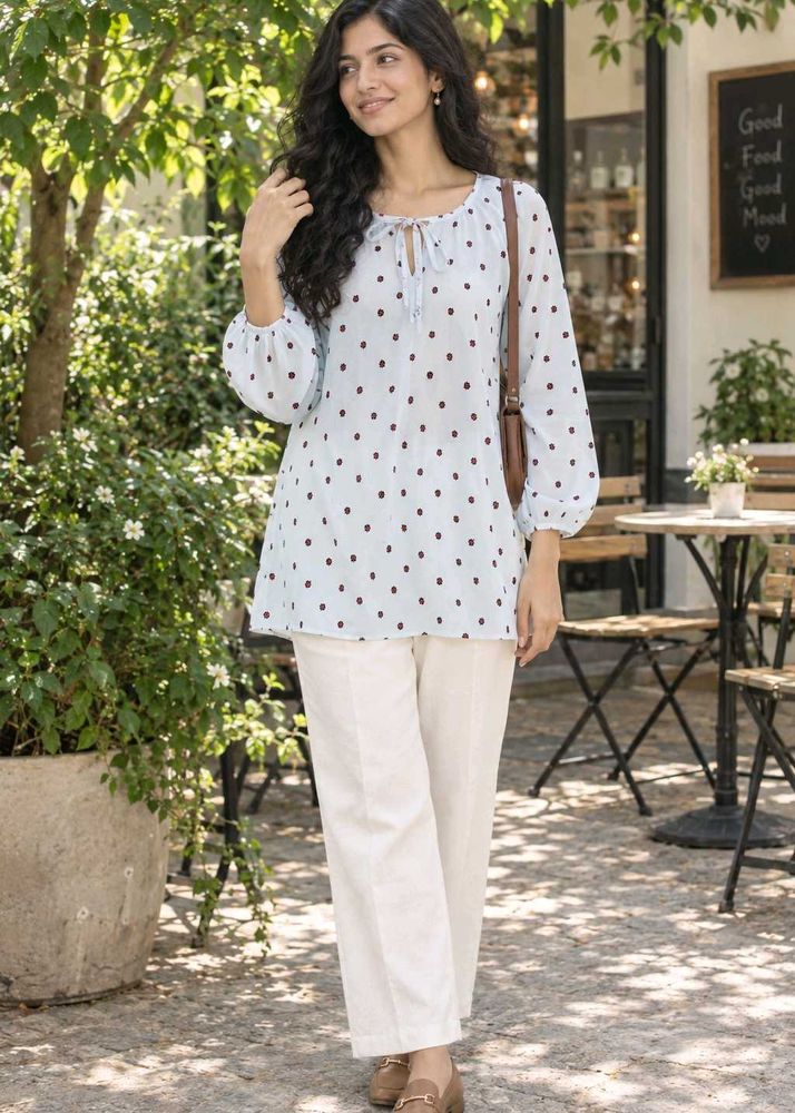 White Top with Red Ladybug Print