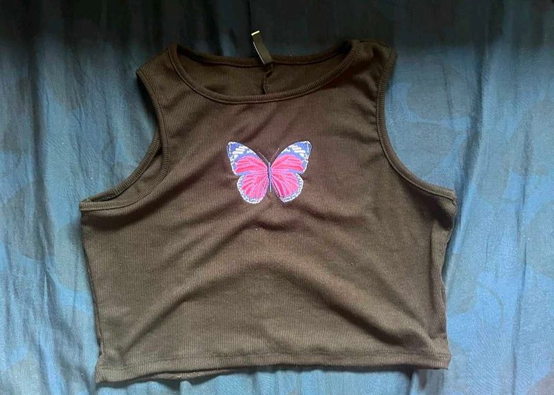 Brown Ribbed Tank Top with Butterfly Embroidery