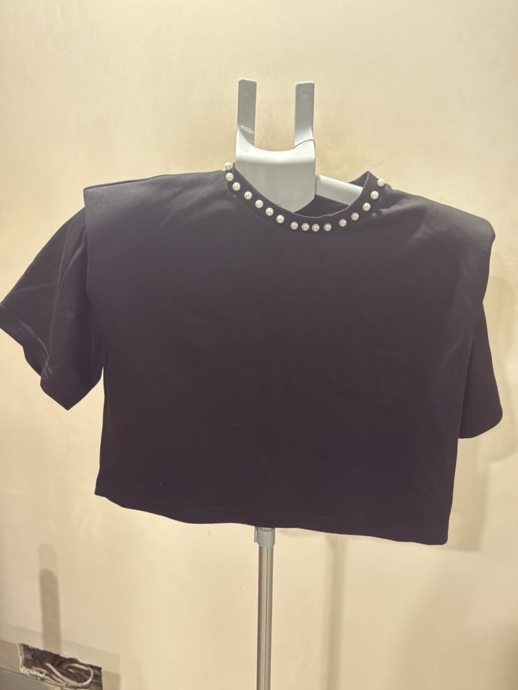 Chic Black Pearl Embellished Top