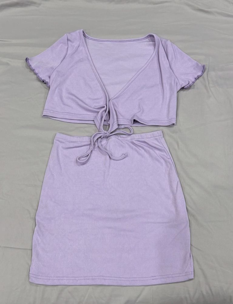 Lavender Ribbed Tie-Front Crop Top &amp; Skirt Set