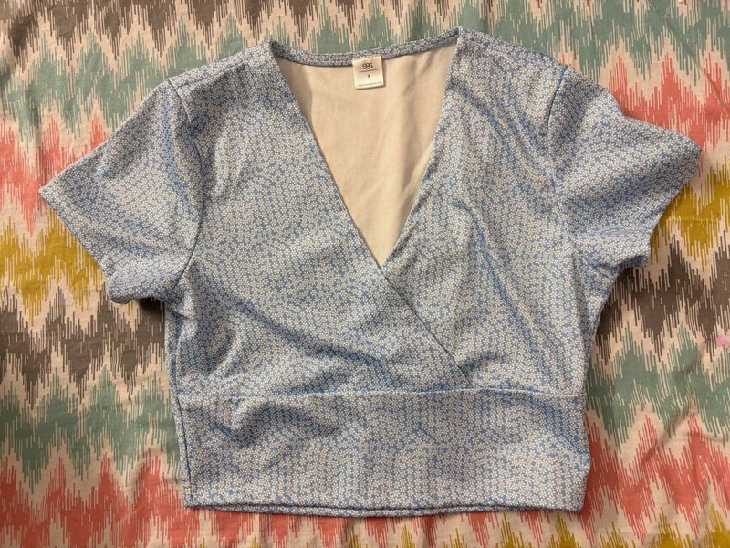 Blue Ditsy Floral Wrap Crop Top