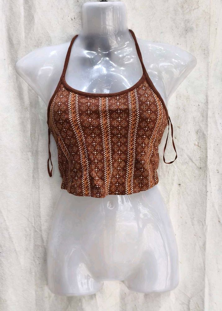I. Brown Patterned Halter Neck Crop Top