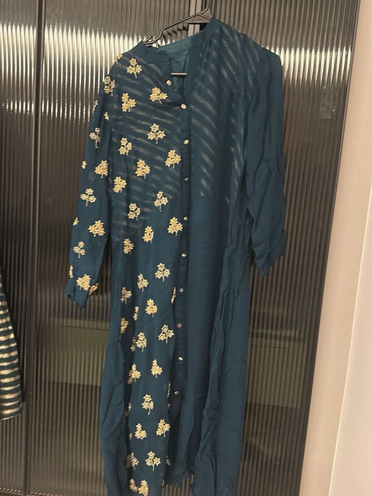 Elegant Teal Kurta with Gold Embroidery and skirt