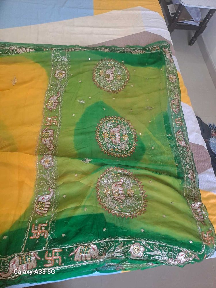 Green &amp; Yellow Embellished Saree