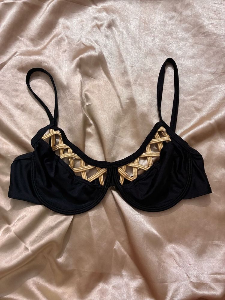 Stylish Black Bikini Top with Gold Detail