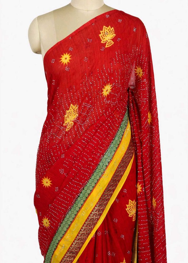 Vibrant Red Saree with Yellow Embellishments