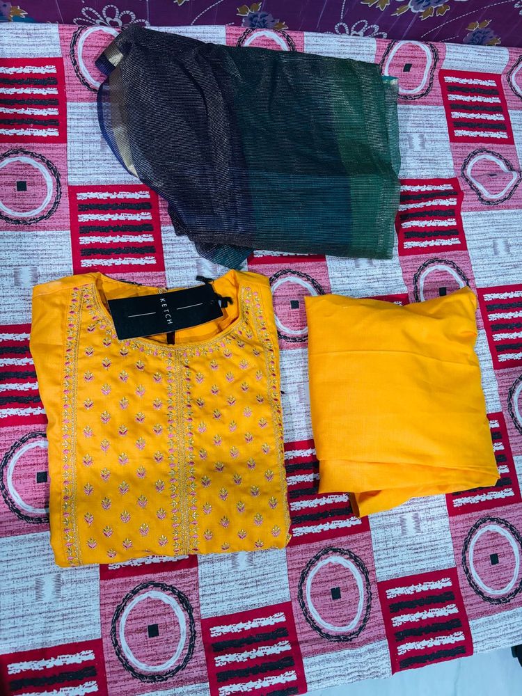 Yellow Embroidered Kurta Set with Dupatta