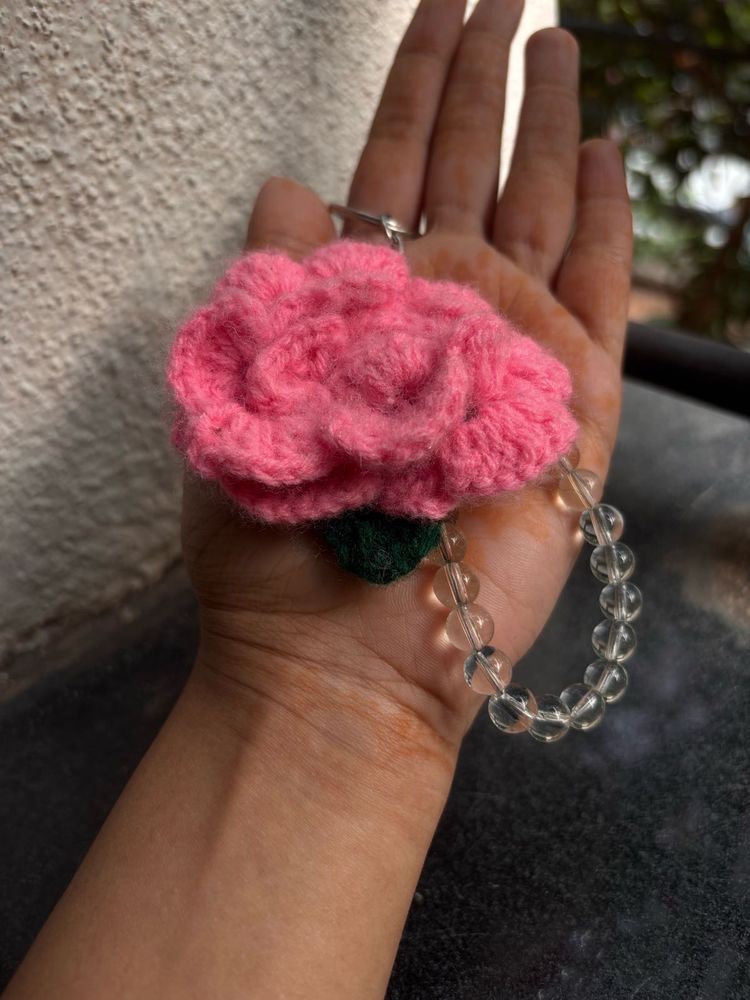 Crocheted Pink Rose Keychain 🌸