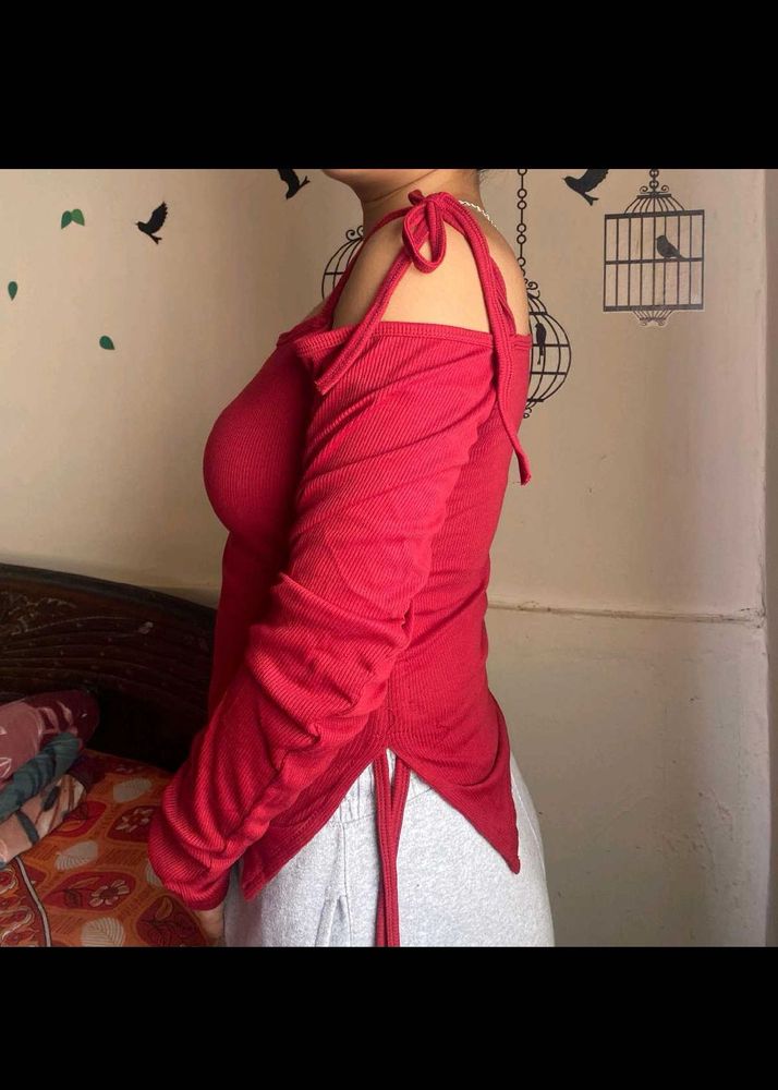 Red Cold Shoulder Tie-Up Top