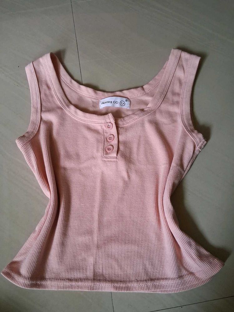 Cute Pink Ribbed Henley Tank Top