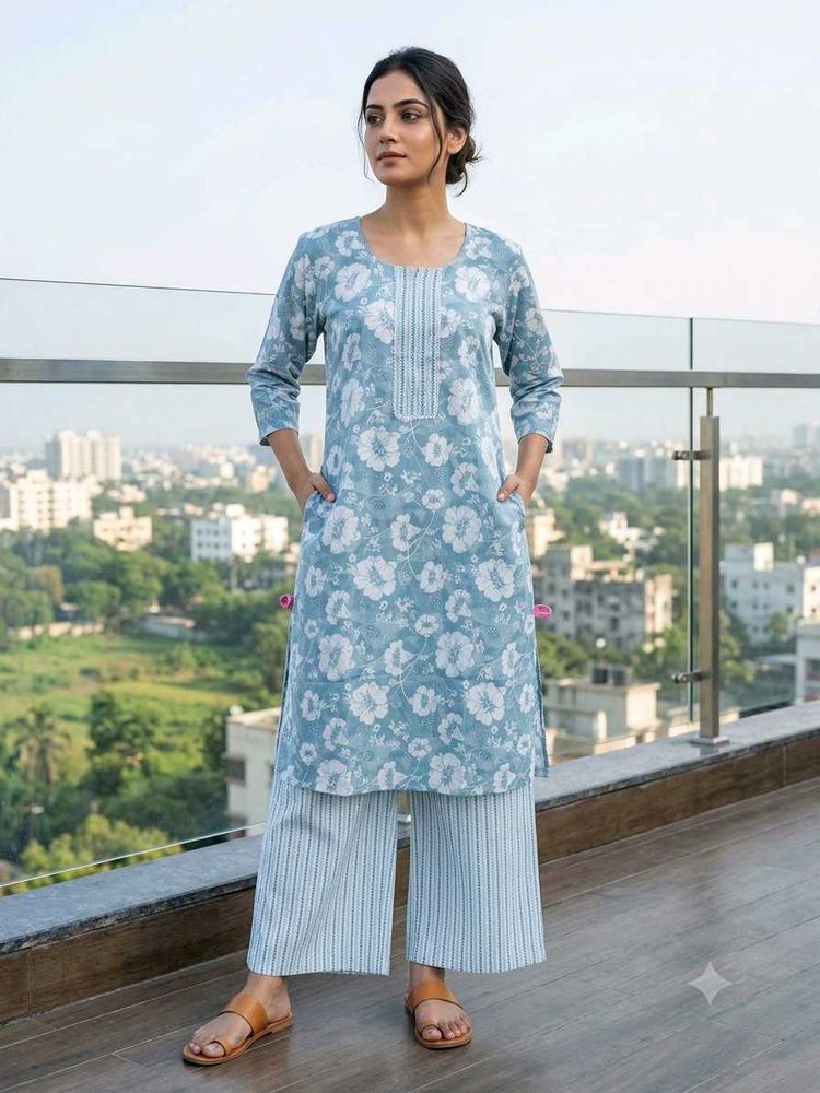 Blue Floral Kurta Set with Palazzo Pants