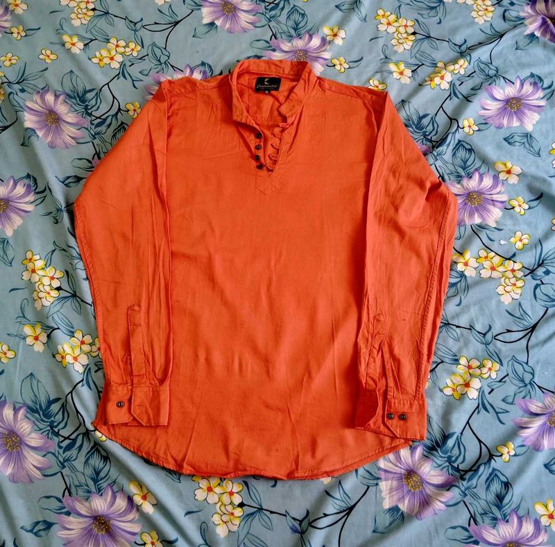 Men's Orange Mandarin Collar Kurta Shirt