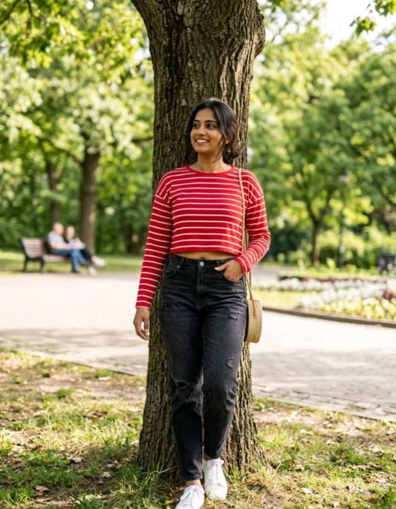 Red Striped Cropped Long Sleeve Top